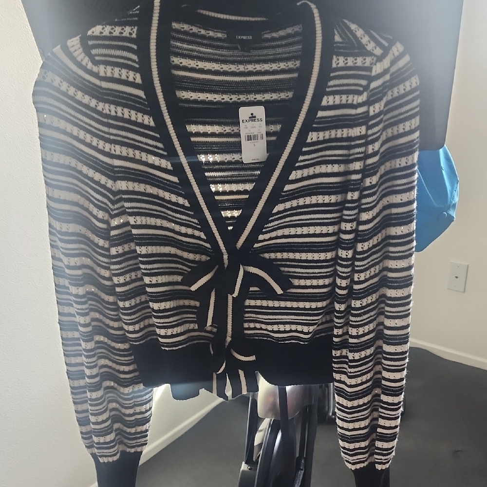 Express Black and White Striped Cardigan